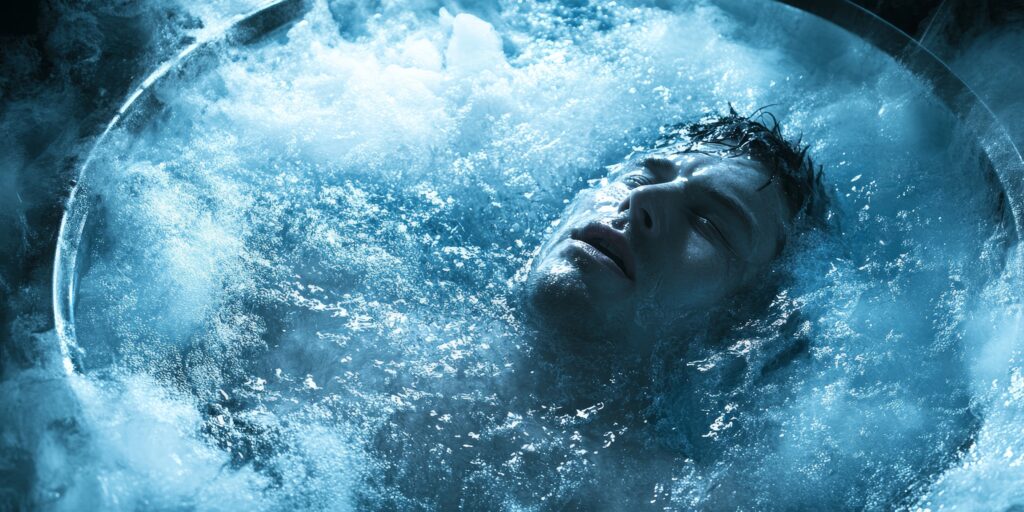 cryotherapy session: illustrate a person undergoing a cryotherapy session, showcasing the innovative methods used in modern wellness spas for rejuvenation.