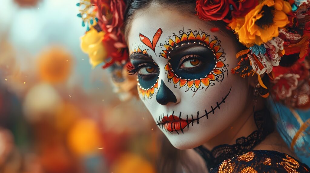 vibrant and lively of day of the dead dia de los muertos with costumed performers traditional music and festive at the annual la calaca festival in the historic town of san miguel de allende mexico