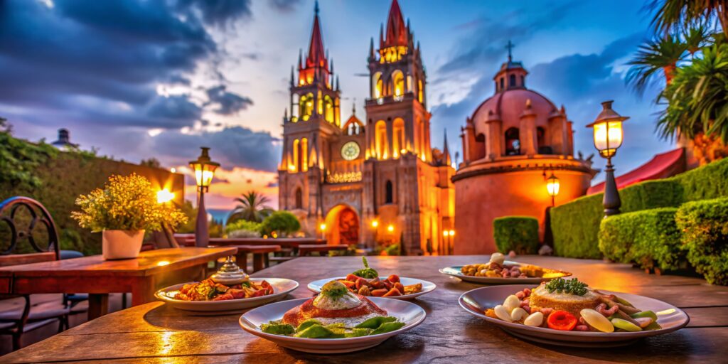 san miguel de allende pink church, smooth gimbal footage, mexican architecture, food photography