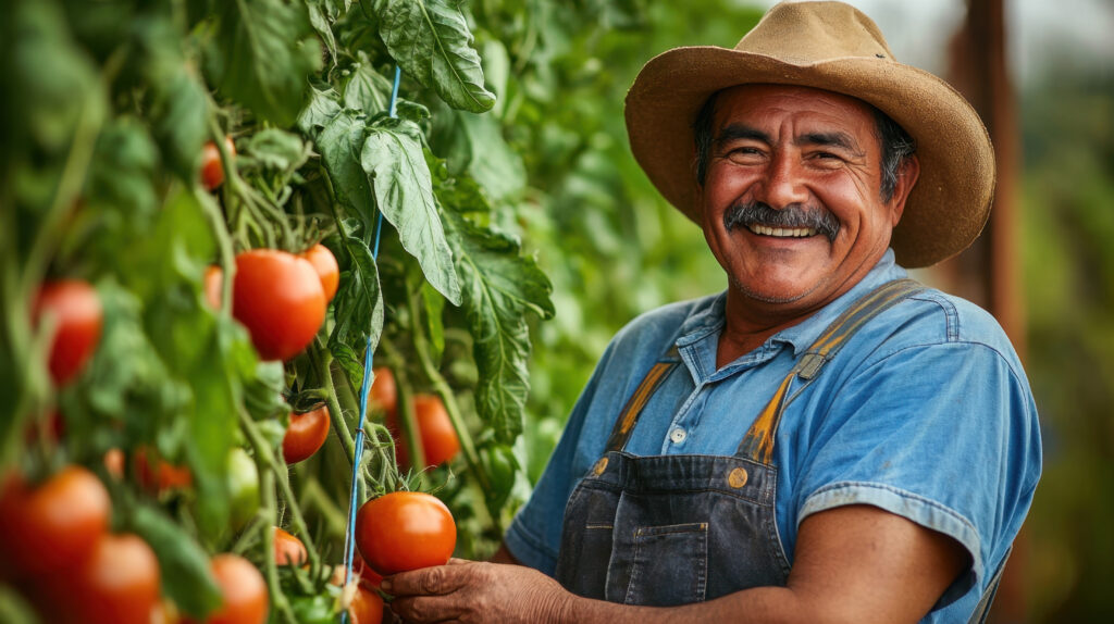 a farmer joyfully harvests ripe tomatoes while standing amongst lush green plants in an agricultural field under a bright sky