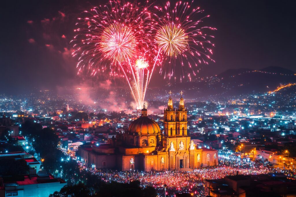 fireworks exploding over the cathedral of san miguel de allende during a religious celebration
