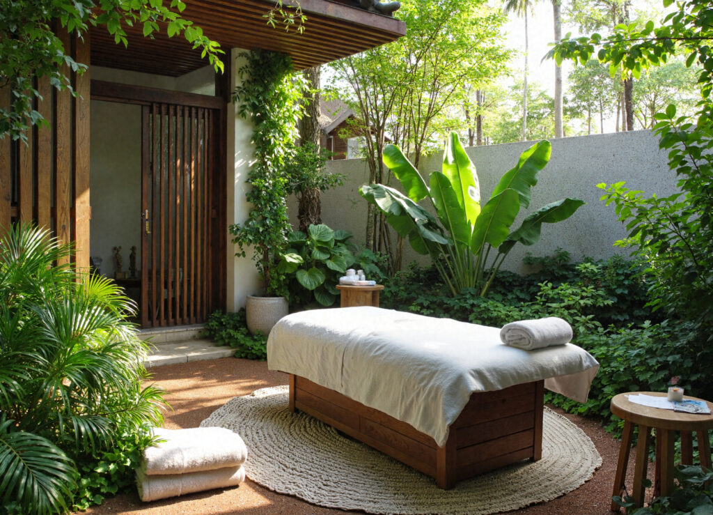 tropical garden with palm trees and a spa table for relaxation