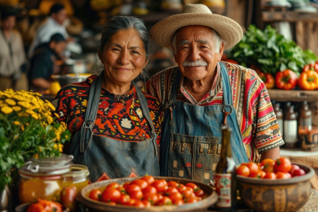 mexican family selling vegetables at the market