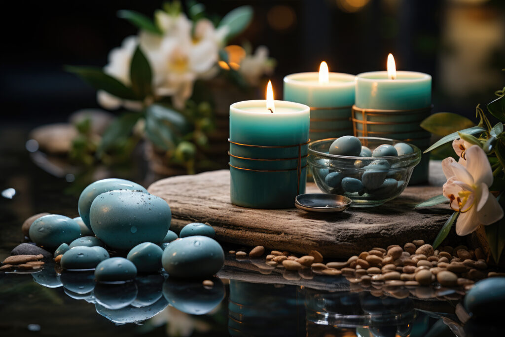 spa still life with candles, stones, orchid . exclusive accessories for beauty treatments and spas displayed against the backdrop of a luxurious spa table in a sophisticated spa resort