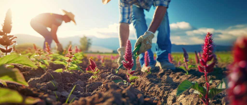 an amaranthus plant is manually planted by mexico's farmers