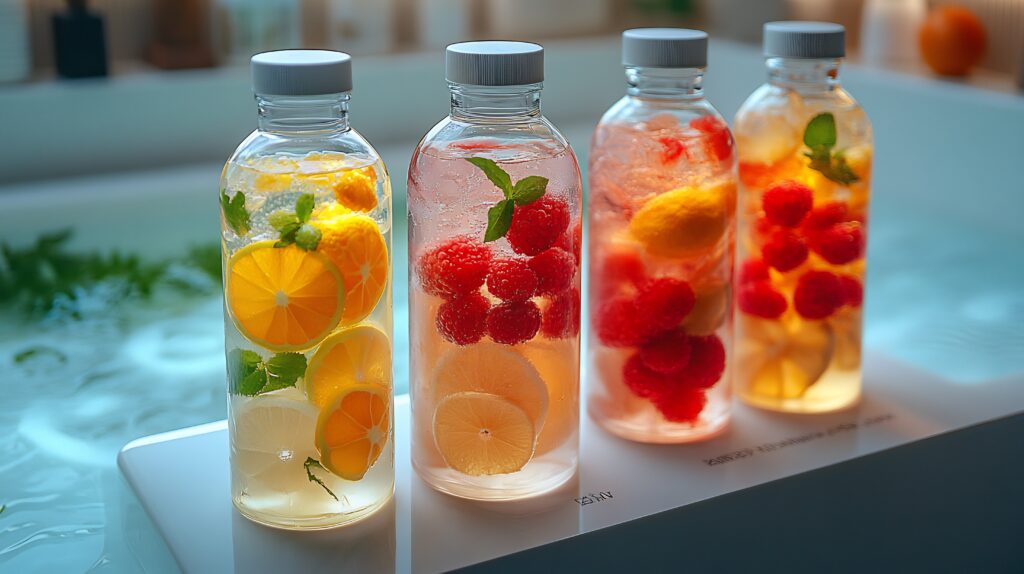 wampee fruit detox water served sleek minimalist glass bottle futuristic spa wellness lounge client relaxing luxurious hot tub softly illuminated background promoting hydration wellbeing scientific